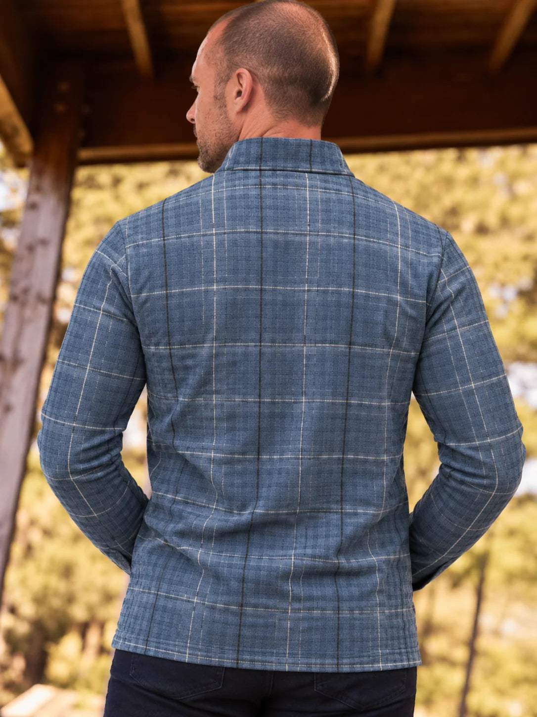 Golf-Pullover mit Viertelreißverschluss und Fensterkaromuster in gedecktem Blau