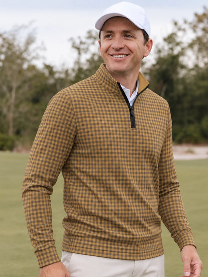 Golf-Pullover aus Funktionsmaterial in Goldsenf mit Vichy-Karomuster und Viertelreißverschluss