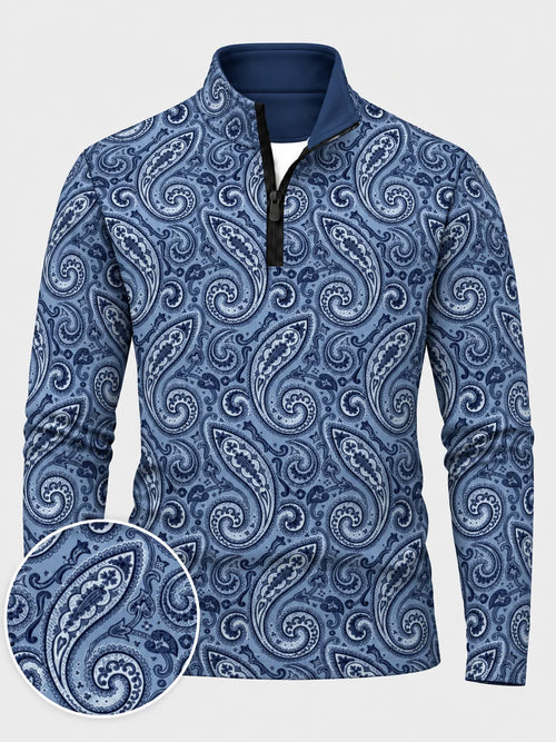 Blauer Performance-Pullover mit Viertelreißverschluss und Paisley-Muster