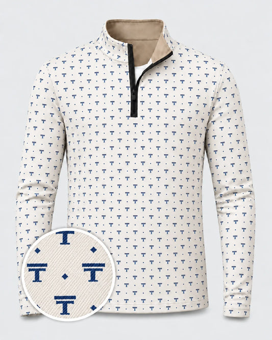 Elfenbeinfarbener Performance-Quarter-Zip-Pullover mit dezentem Emblem-Muster