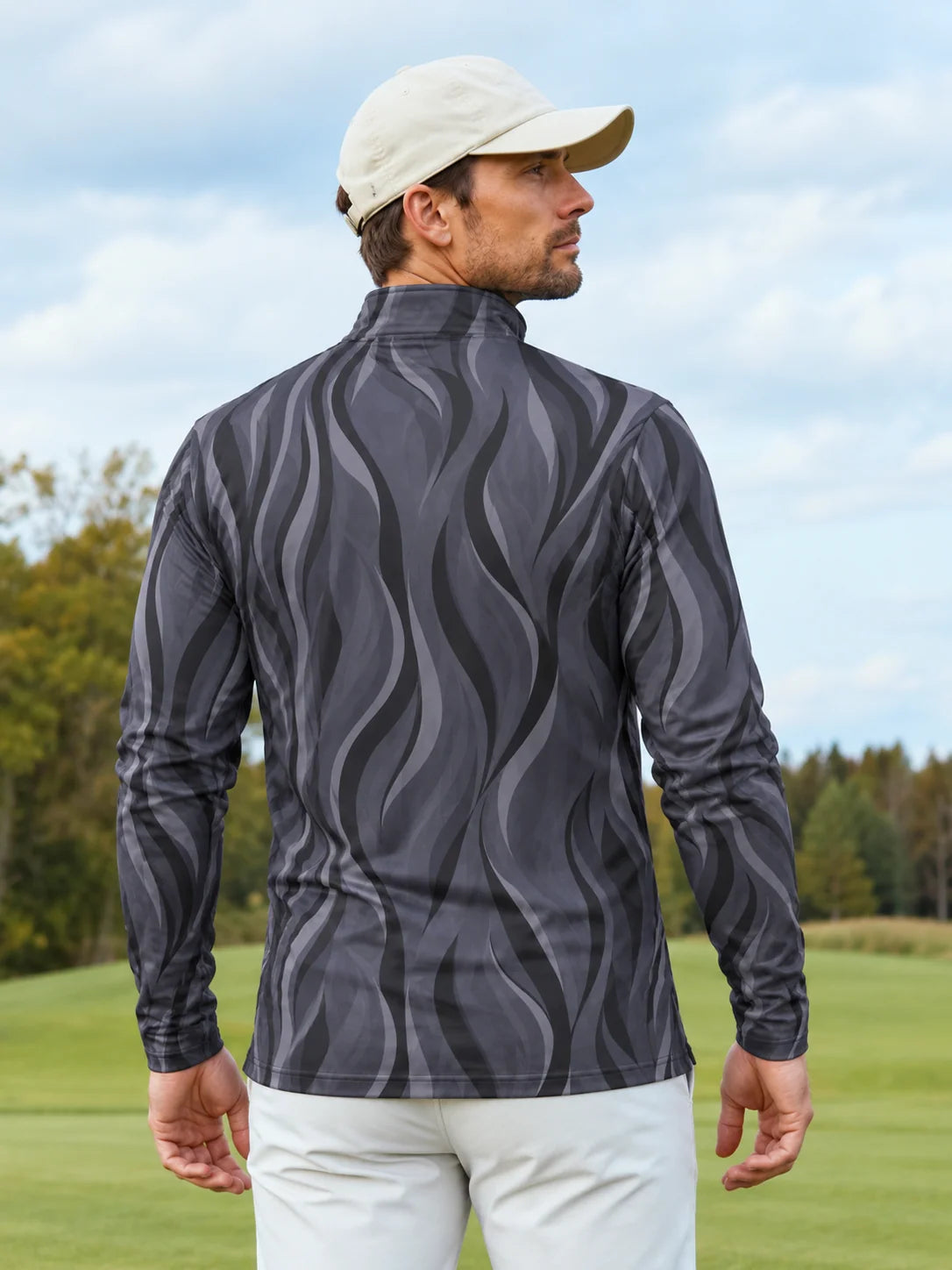 Anthrazitgrauer Golf-Pullover mit Wellenmuster und Viertelreißverschluss