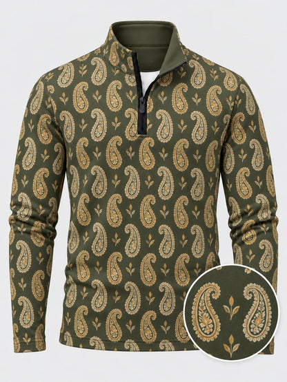 Performance-Pullover in Olivgrün und Gold mit Paisley-Muster und kurzem Reißverschluss