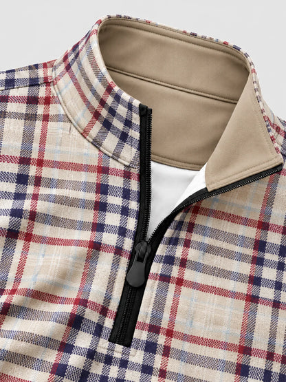 Cremefarbener Golf-Pullover mit Tartan-Karomuster und Viertelreißverschluss