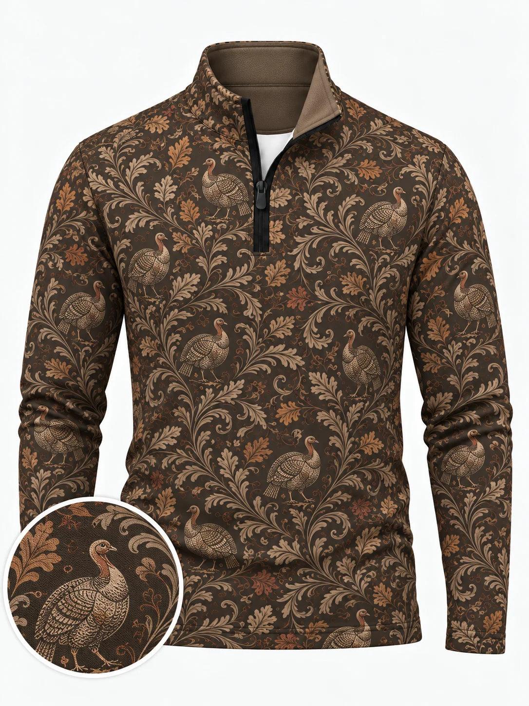 Dunkelbrauner Vintage-Golfpullover mit Truthahnmuster und Viertelreißverschluss aus Funktionsmaterial