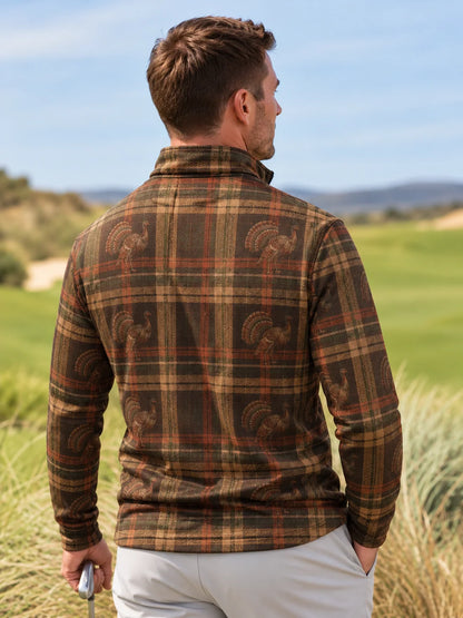 Vintage-Golfpullover mit Thanksgiving-Truthahn- und Karomuster, Funktionsmaterial und Viertelreißverschluss