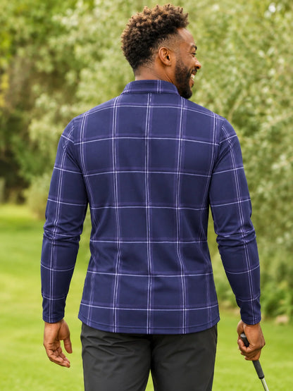 Marineblauer Golf-Pullover mit lavendelfarbenem Fensterkaro und Viertelreißverschluss aus Funktionsmaterial