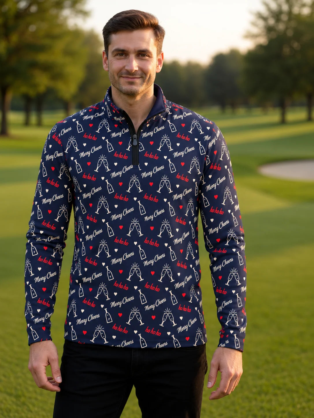 Golfpullover in Mitternachtsblau mit festlichem Weihnachtsmotiv und Viertelreißverschluss