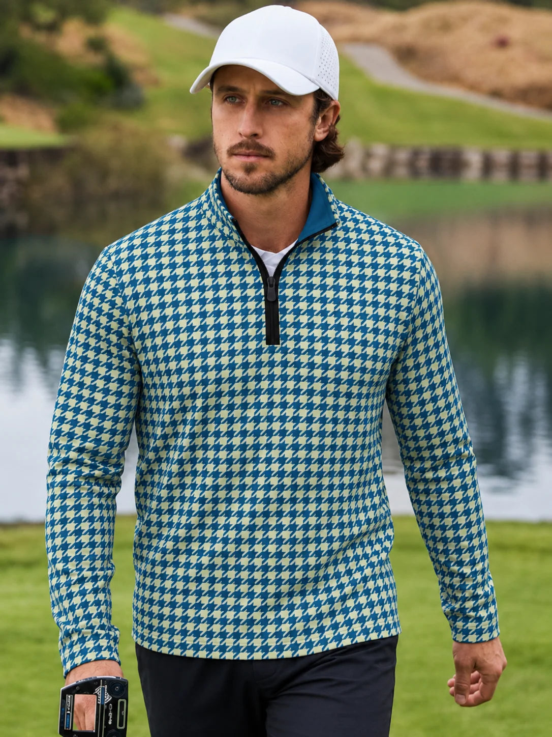 Golf-Pullover mit Viertelreißverschluss und Hahnentrittmuster in Blau