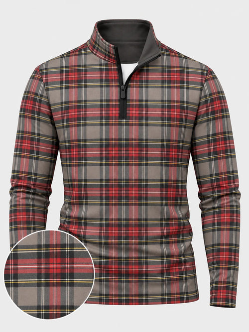 Golfpullover mit rot-grauem Weihnachtstartan und Viertelreißverschluss