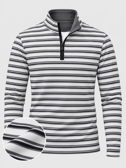Golfpullover in Weiß und Anthrazit mit Streifenmuster und Viertelreißverschluss