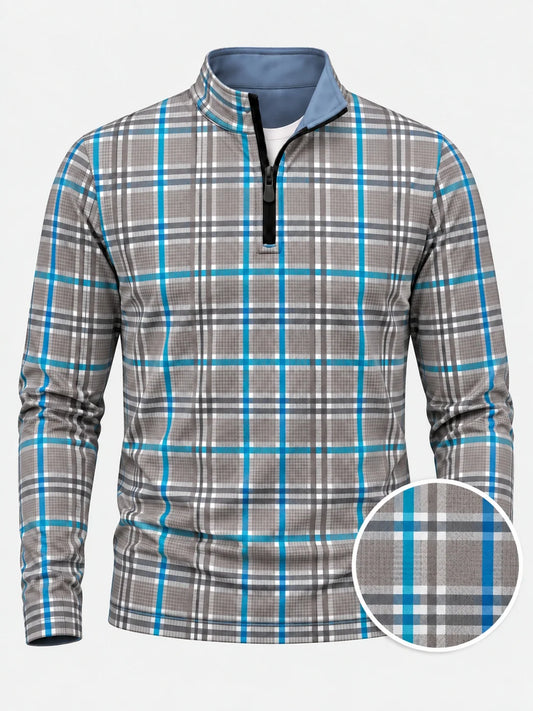 Steingrauer Golf-Pullover mit aquafarbenem Karomuster und Viertelreißverschluss aus Funktionsmaterial