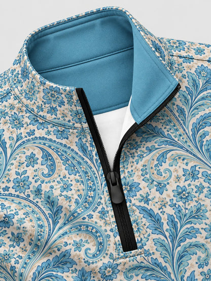 Golfpullover in Himmelblau mit floralem Paisley-Muster, Funktionsmaterial und Viertelreißverschluss