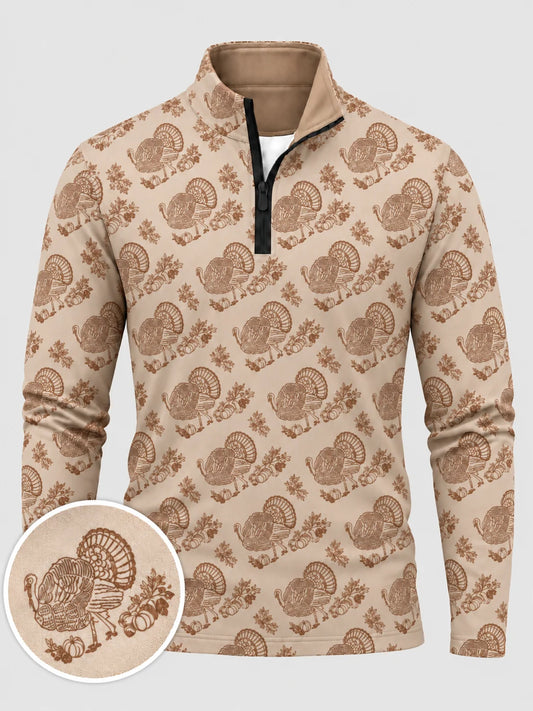 Beigefarbener Golfpullover mit Truthahn-Print im Vintage-Stil, Funktionsmaterial und Viertelreißverschluss