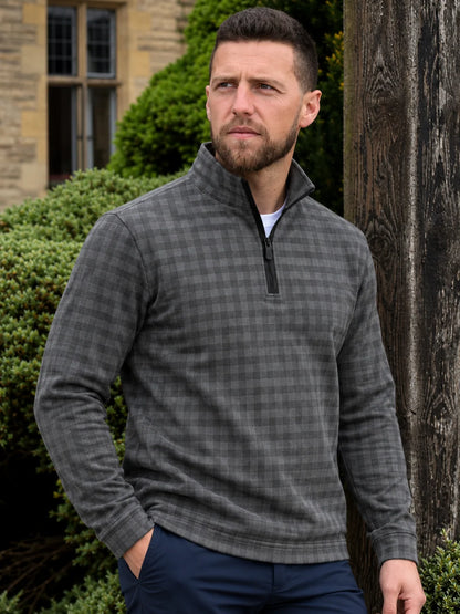 Golf-Pullover aus Funktionsmaterial in Anthrazitgrau mit Vichy-Karomuster und Viertelreißverschluss