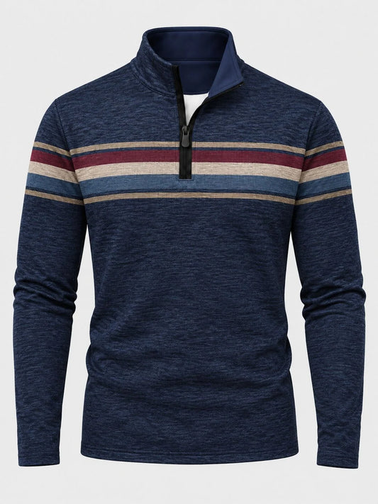 Golf-Pullover aus Funktionsmaterial in meliertem Marineblau mit retro-inspiriertem Bruststreifen und Viertelreißverschluss