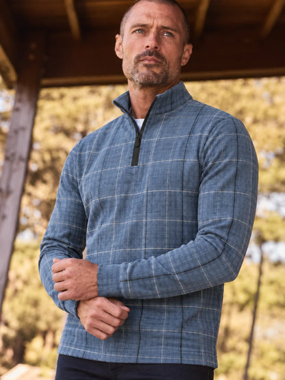 Golf-Pullover mit Viertelreißverschluss und Fensterkaromuster in gedecktem Blau