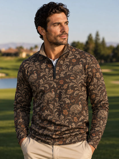 Dunkelbrauner Vintage-Golfpullover mit Truthahnmuster und Viertelreißverschluss aus Funktionsmaterial