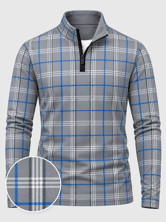 Golf-Pullover in Grau und Kobaltblau mit Karomuster und kurzem Reißverschluss