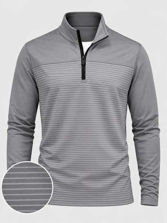 Grauer Golf-Pullover mit feinem Streifenmuster und kurzem Reißverschluss