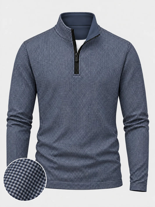 Golf-Pullover in Tiefblau mit feinem Karomuster und kurzem Reißverschluss