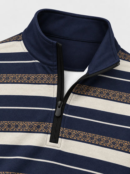 Marineblauer Golf-Pullover mit elfenbeinfarbenem und goldenem Streifenmuster und Viertelreißverschluss aus Funktionsmaterial