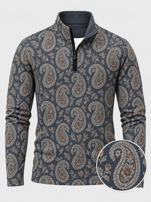 Performance-Pullover in Schieferblau mit floralem Paisley-Muster und kurzem Reißverschluss