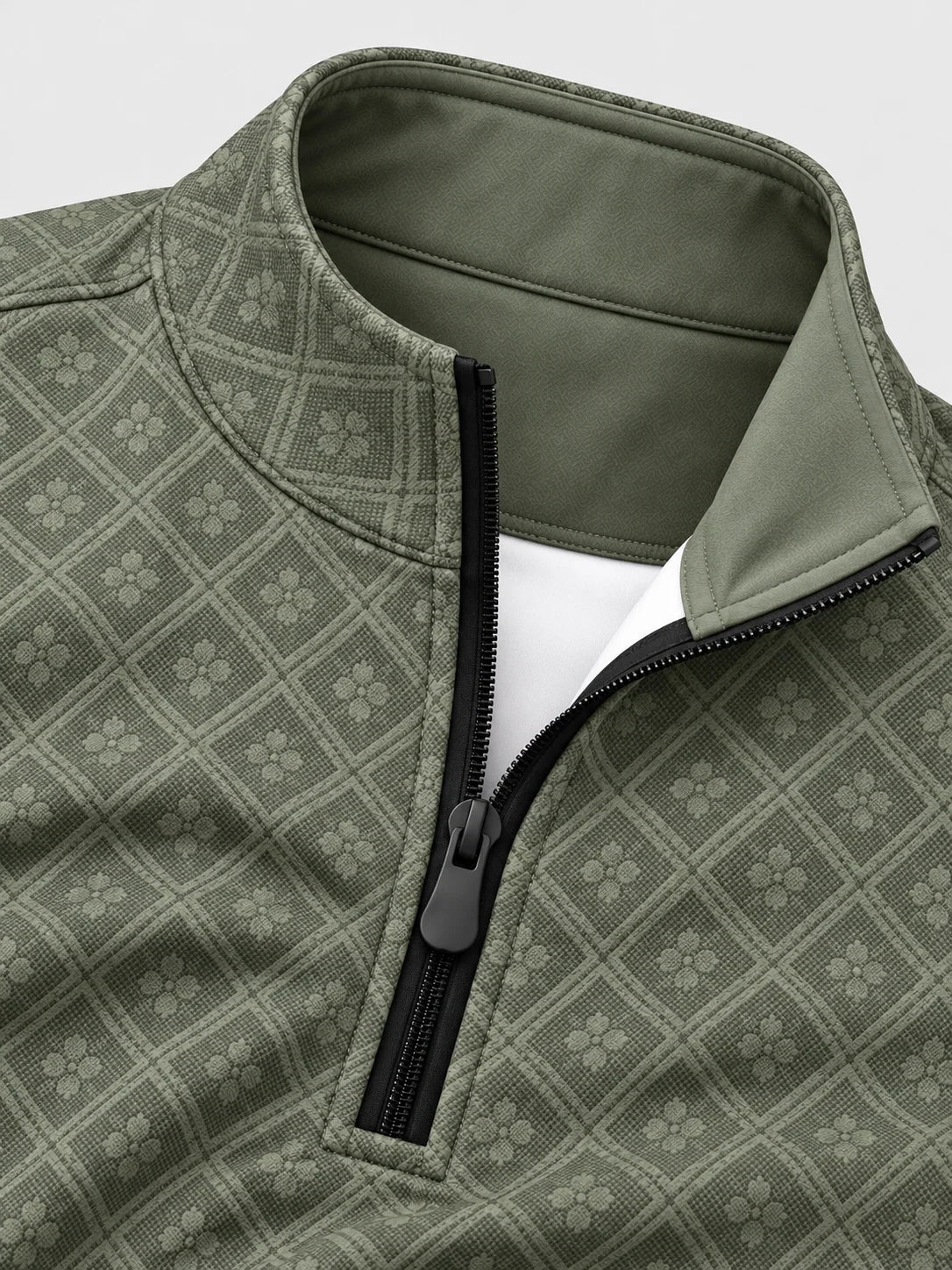 Salbeigrüner Herren-Golf-Pullover mit floralem Rautenmuster und kurzem Reißverschluss