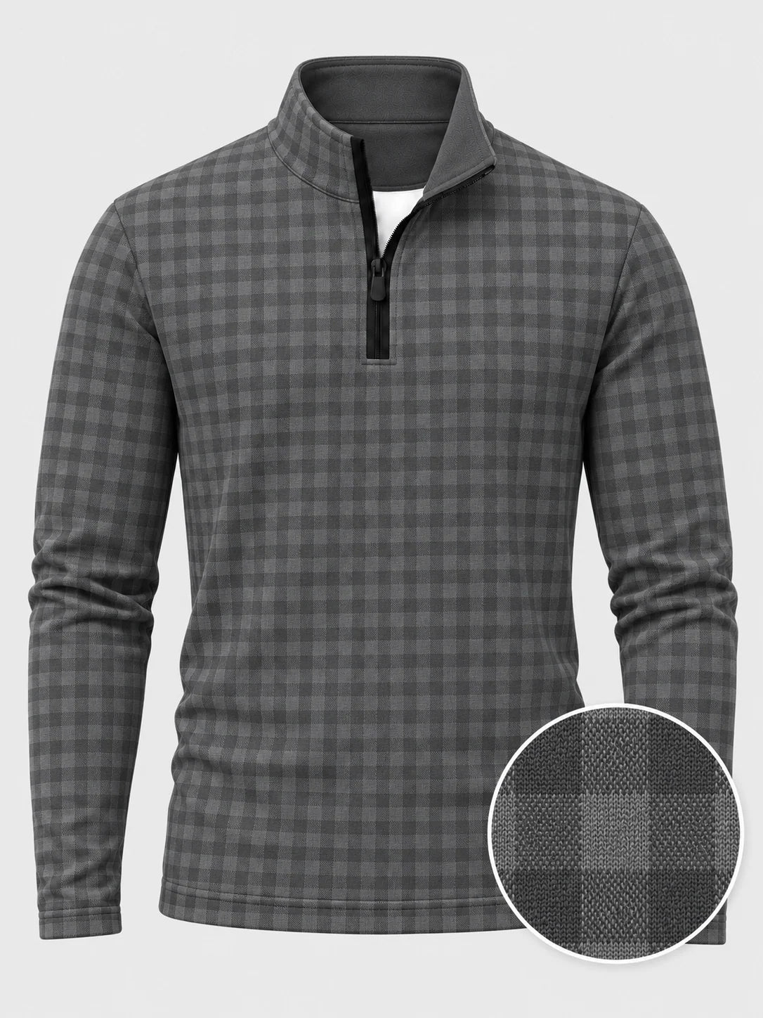 Golf-Pullover aus Funktionsmaterial in Anthrazitgrau mit Vichy-Karomuster und Viertelreißverschluss
