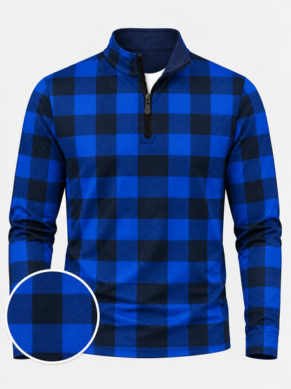 ClubBorne Golf-Pullover mit blauem Büffelkaro und Viertelreißverschluss aus Funktionsmaterial