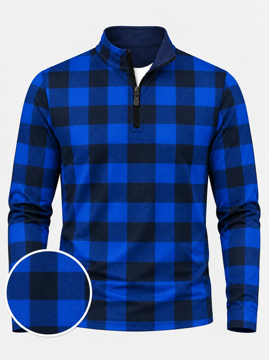 ClubBorne Golf-Pullover mit blauem Büffelkaro und Viertelreißverschluss aus Funktionsmaterial