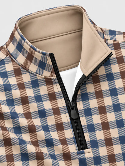 Golf-Pullover in Creme mit mehrfarbigem Karomuster und kurzem Reißverschluss