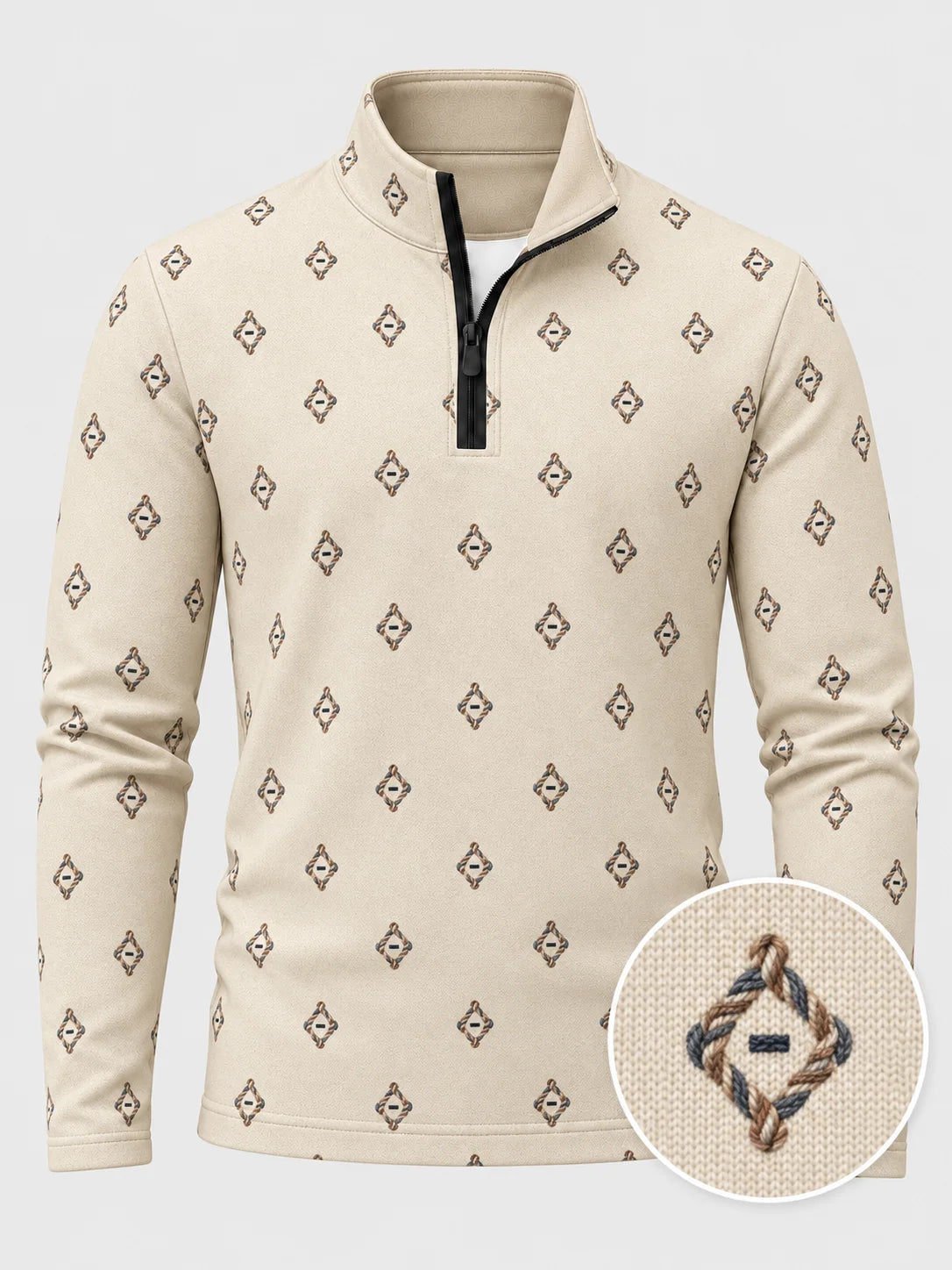 Performance Quarter-Zip-Pullover mit Rautenmuster in Elfenbeinweiß