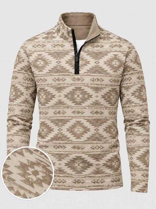 Golf-Pullover aus Funktionsmaterial in Sandbeige mit geometrischem Southwestern-Muster und Viertelreißverschluss