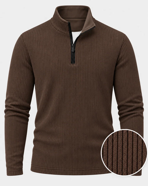 Golfpullover mit Rippstruktur in Schokoladenbraun, Funktionsmaterial und Viertelreißverschluss