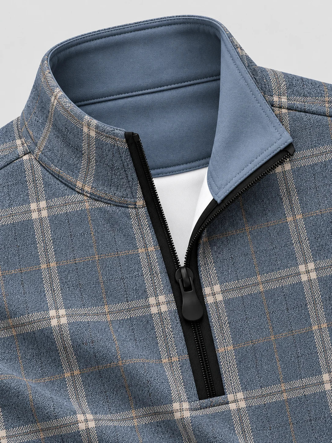 Golf-Pullover mit Viertelreißverschluss und Karomuster in Schieferblau