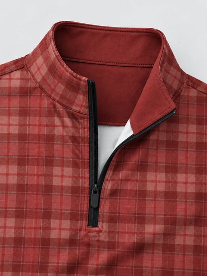 Bordeauxroter Performance-Quarter-Zip-Pullover mit klassischem Heritage-Karomuster
