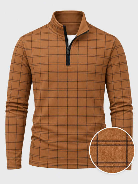 Golf-Pullover aus Funktionsmaterial in Rostorange mit Fensterkaromuster und Viertelreißverschluss