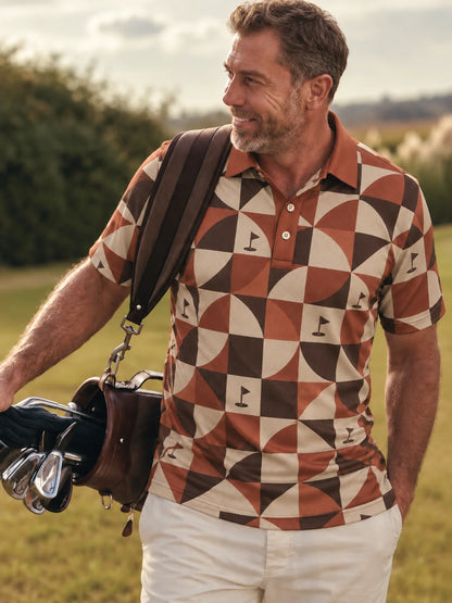 Terrakottafarbenes geometrisches Performance-Golfpoloshirt
