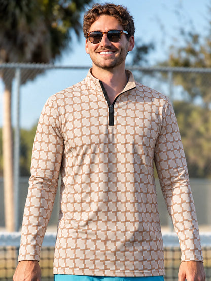 Performance-Pullover in Sand mit geometrischem Muster und kurzem Reißverschluss