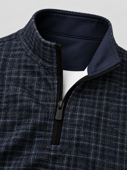 Marineblauer Karo-Performance-Golfpullover mit kurzem Reißverschluss