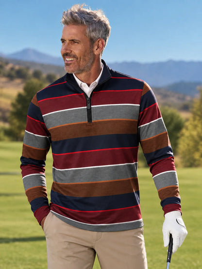 Bordeauxroter Golf-Pullover mit anthrazitfarbenen und kupferfarbenen Color-Blocking-Elementen und Viertelreißverschluss aus Funktionsmaterial