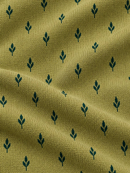 Performance-Golfpullover in Olivgrün mit goldenem Blätterrankenmuster und Viertelreißverschluss