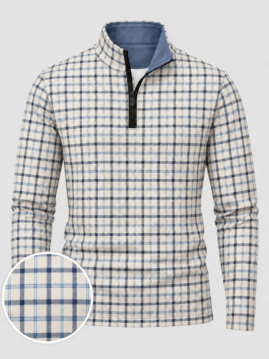 Golfpullover für Herren im Heritage-Stil in Blau mit Karomuster und Viertelreißverschluss