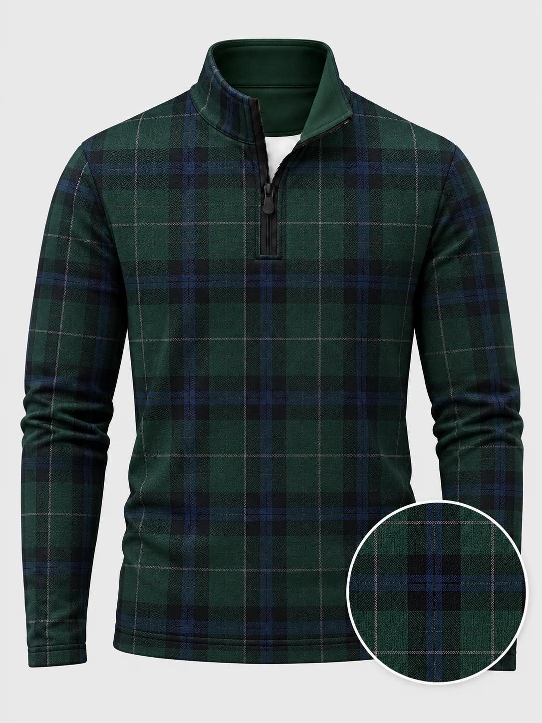 Golf-Pullover mit Viertelreißverschluss und Tartan-Karomuster in Waldgrün