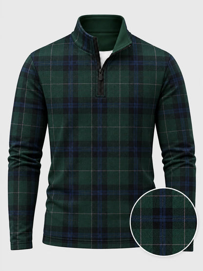 Golf-Pullover mit Viertelreißverschluss und Tartan-Karomuster in Waldgrün