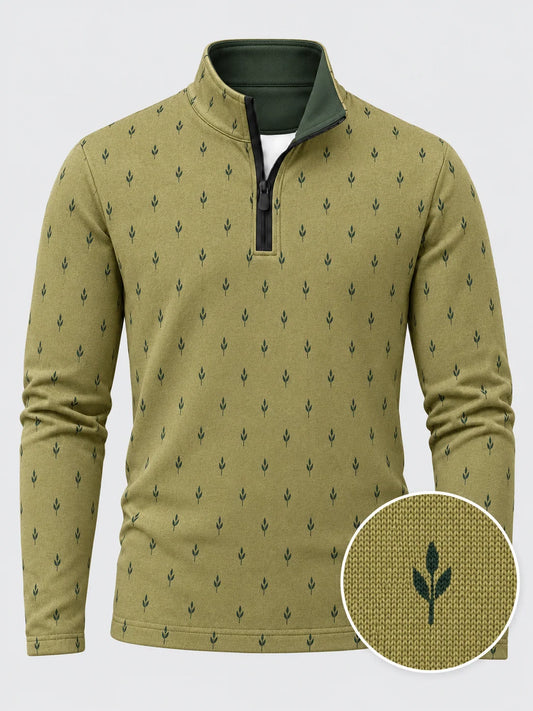 Performance-Golfpullover in Olivgrün mit goldenem Blätterrankenmuster und Viertelreißverschluss
