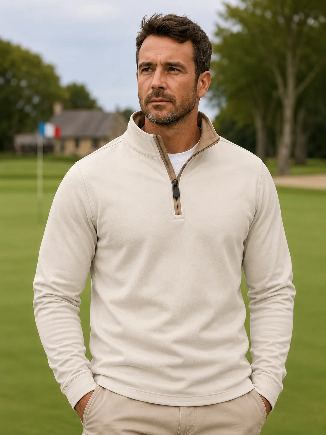 Cremebeiger Golf-Pullover mit strukturierter Oberfläche und Viertelreißverschluss aus Funktionsmaterial