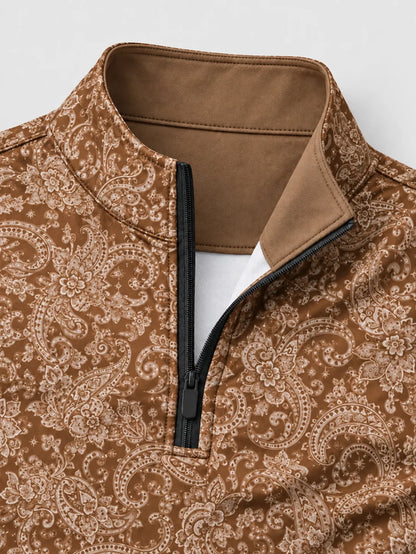 Mokkabrauner Performance-Quarter-Zip-Pullover mit Heritage-Paisley-Muster