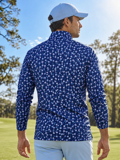 Performance-Pullover in Marineblau mit lavendelfarbenem Blumenmuster und Viertelreißverschluss