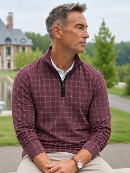 Golf-Pullover aus Funktionsmaterial in Altrosa mit feinem Karomuster und Viertelreißverschluss